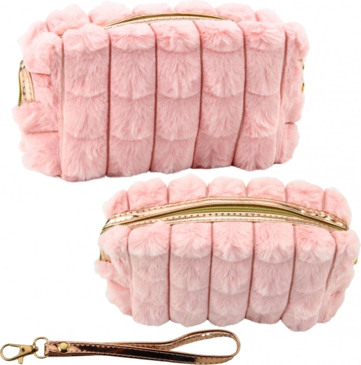 Pink plush cosmetic bag with handle