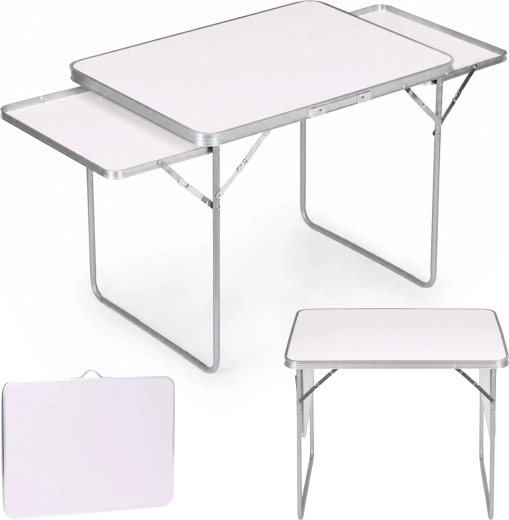 Tavolo da campeggio pieghevole MultiGarden 120 × 60 cm con 2 ripiani laterali, bianco