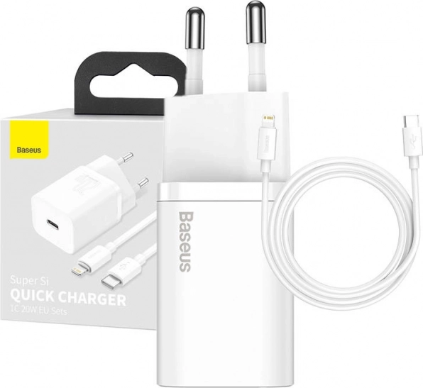 BASEUS Super Si 20W Charger 1× USB‑C + USB‑C to Lightning Cable 1 m (white)