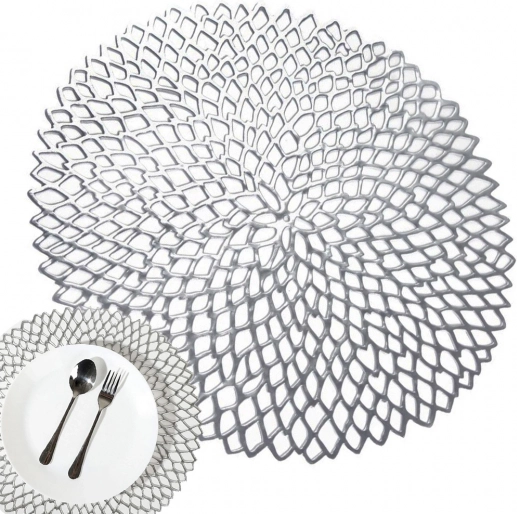 Ronde opengewerkte placemat voor op tafel, zilverkleurig, 41 cm