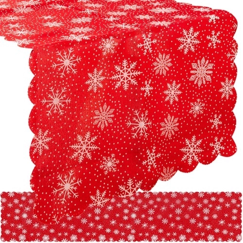 Long Christmas Table Runner Red with White Snowflakes 185 x 35 cm