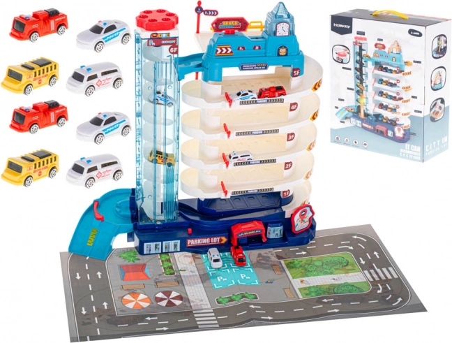Multi-level parking garage for toy cars with electric elevator, 5 levels + play mat and 8 cars