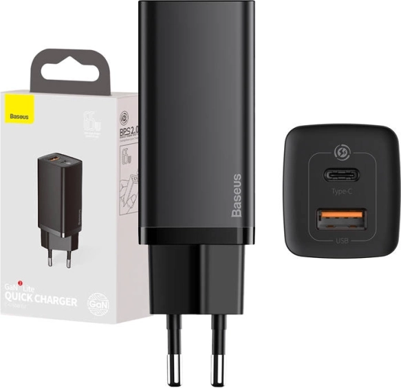 Caricatore da viaggio rapido BASEUS GaN Lite 65W, USB‑C + USB, nero