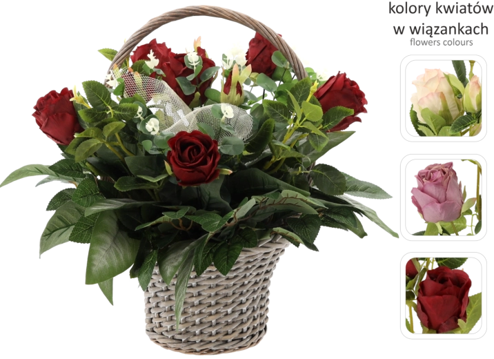 Composition funéraire dans un panier en osier avec roses (mélange de couleurs)