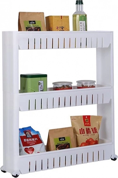 Narrow rolling multi-tier shelf for kitchen and bathroom
