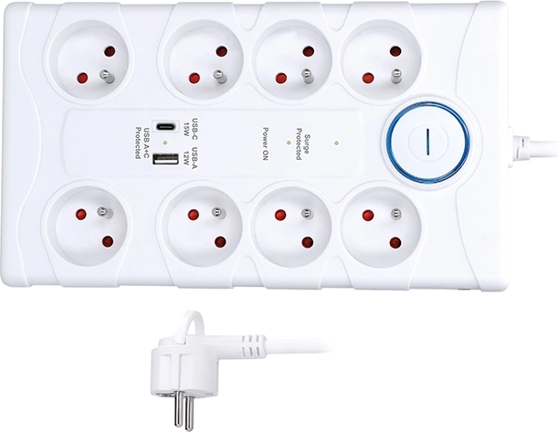 Protezione da sovratensioni Solight con 8 prese e USB-A/USB-C, 2 m, bianca