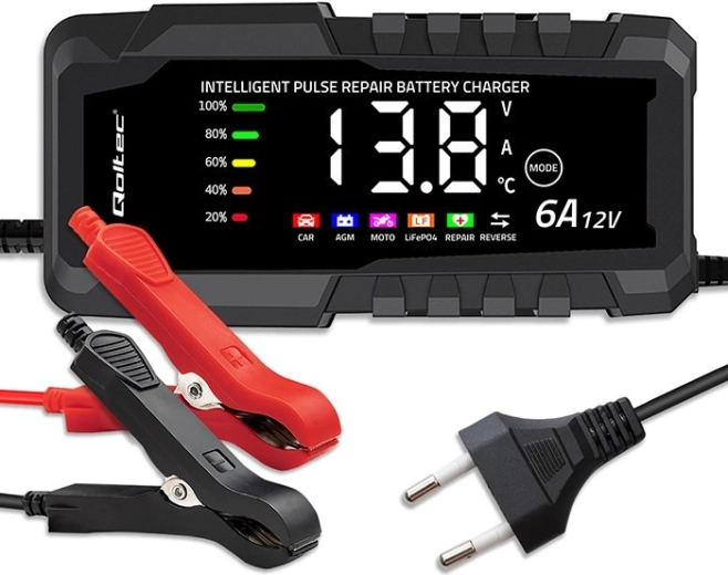 Caricabatterie microprocessore 12 V 6 A con funzione di riparazione per batterie AGM, GEL e LiFePO4 con LCD