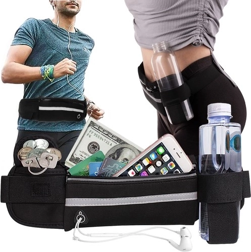 Running waist pack with bottle holder, reflective strip and headphone port – black