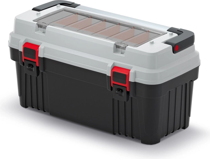 OPTIMA plastic toolbox with metal handle and dividers 586 × 296 × 305 mm, gray