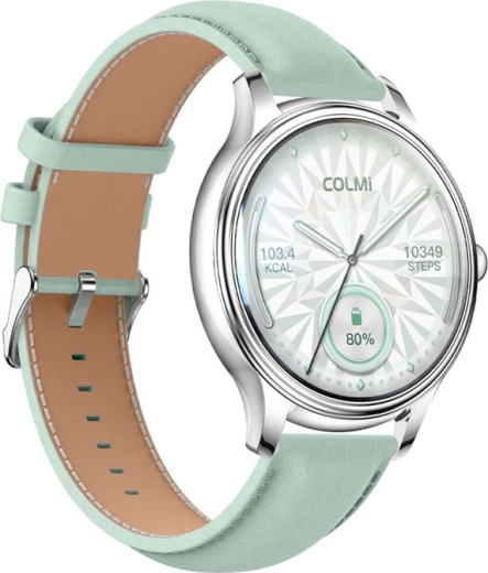 Smartwatch Colmi L28 silver‑green with leather strap
