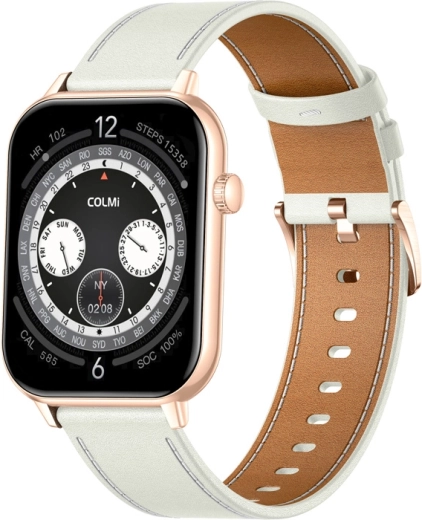 Smartwatch COLMI C28 dorato con cinturino in pelle bianco