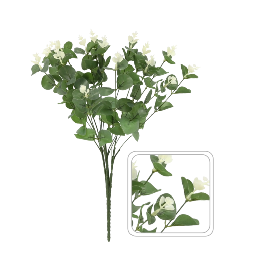 Ramoscello artificiale di eucalipto con fiori bianchi 46 cm