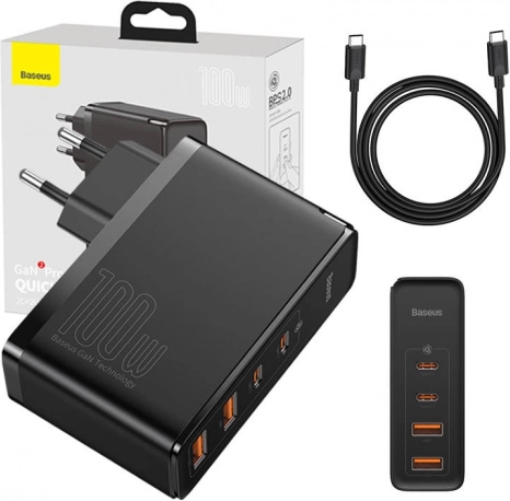 Baseus GaN2 Pro Quick 100W Travel Charger, 2× USB-C + 2× USB, EU – black