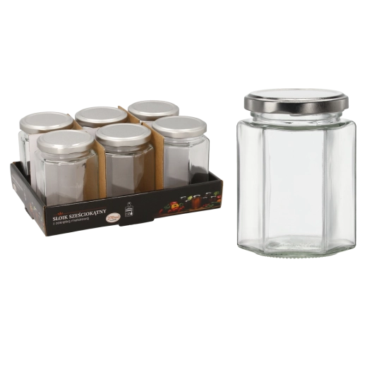 Sekskantet glas 270 ml med metal låg (6 stk.)