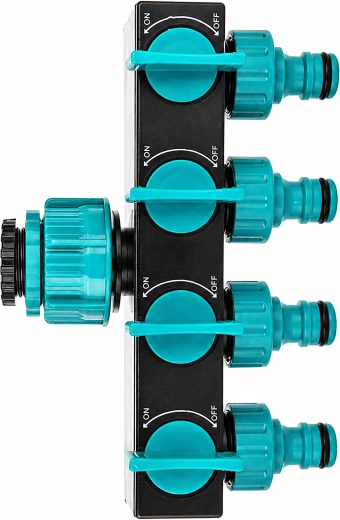 Four-way garden tap hose splitter with valves and 3/4"–1/2" adapter