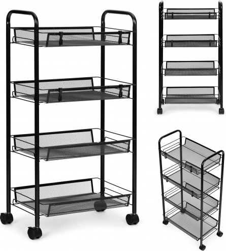 Organizzatore nero in metallo per scaffali da cucina o bagno, 4 ripiani con ruote, ModernHome