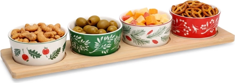 Ciotoline in porcellana per antipasti su vassoio in bambù, set da 5 pezzi
