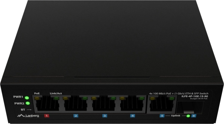 Lanberg switch PoE industriale leggero su guida DIN 4× Fast Ethernet + 1× uplink Gigabit + 1× SFP (PoE++ 90 W)