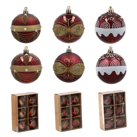Set de boules de Noël bordeaux 7 cm – 6 pcs, incassables avec perles et détails dorés