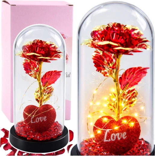 Evig rød rose i glaskuppel med LED-belysning, 21 cm