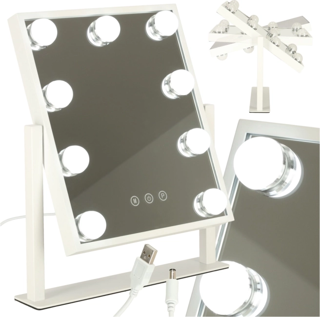 LED-Lit Hollywood Makeup Mirror, 9 Bulbs, USB, 25 × 30 cm