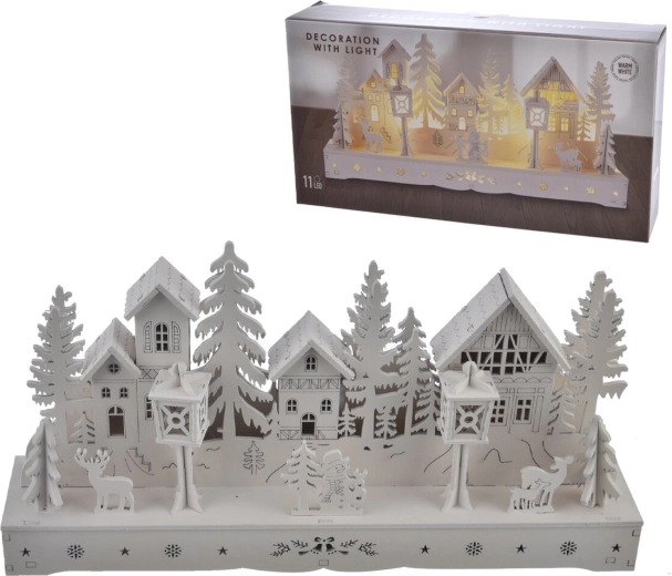 Petite maison en bois blanche avec éclairage LED 30 cm