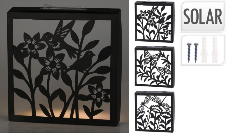 Solar wall-mounted LED decoration – square metal in black with gold interior 26 × 26 × 5 cm