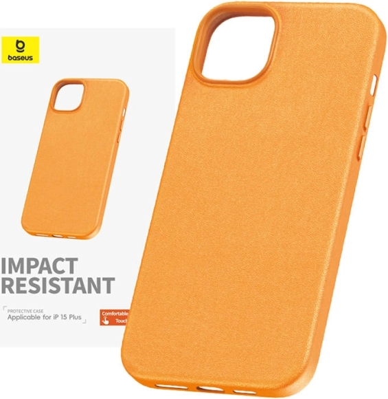 Pouzdro z PU kůže BASEUS Fauxther pro iPhone 15 Plus – oranžové