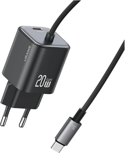 Caricatore da rete mini GaN serie JC USAMS 20 W con cavo USB‑C integrato (2× USB‑C), nero