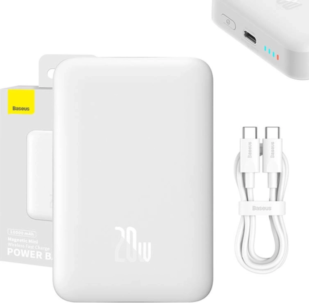 magnetická powerbanka Baseus 10000 mAh s bezdrátovým nabíjením a USB‑C 20 W, bílá