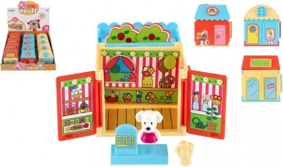 Plastic playhouse with pet and accessories – ice cream shop, florist, or beauty salon