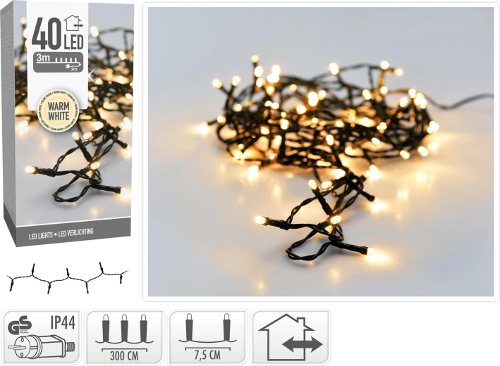 Christmas LED String Lights 3 m, 40 LEDs, Warm White, IP44