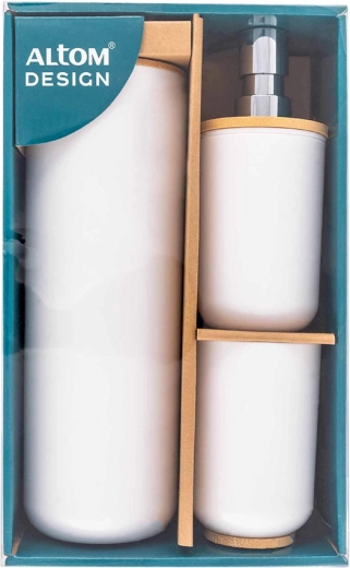 Set da bagno con dispenser, bicchiere e spazzolino WC, bianco con decoro in bambù