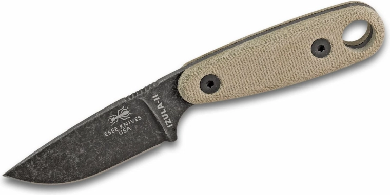 ESEE Izula II black fixed knife with Micarta handle and sheath