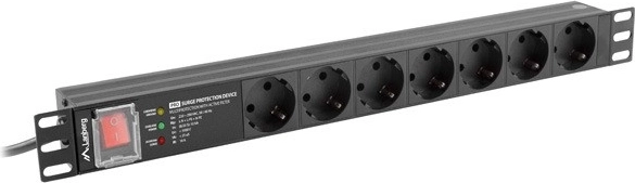 Rack-mounted PDU power strip 19" 1U 16 A with 7 SCHUKO outlets and surge protection, 2 m, black