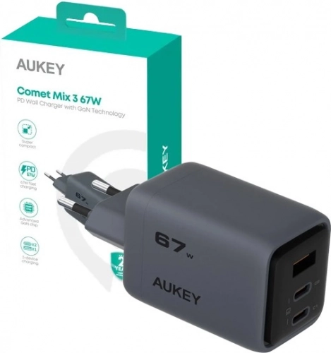 Aukey PA-C3 Comet Mix 3 GaN ultra-fast wall charger 67 W 3x USB (2x USB-C and 1x USB-A)