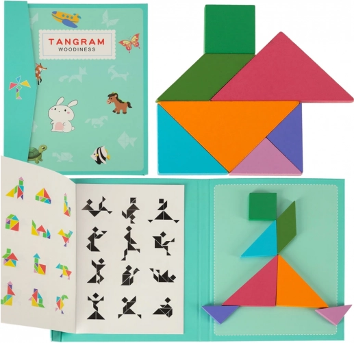 Mágneses tangram könyv – fa Montessori logikai 3D kirakó