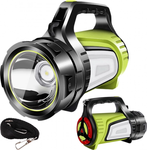 Rechargeable LED handheld spotlight with power bank and multiple lighting modes