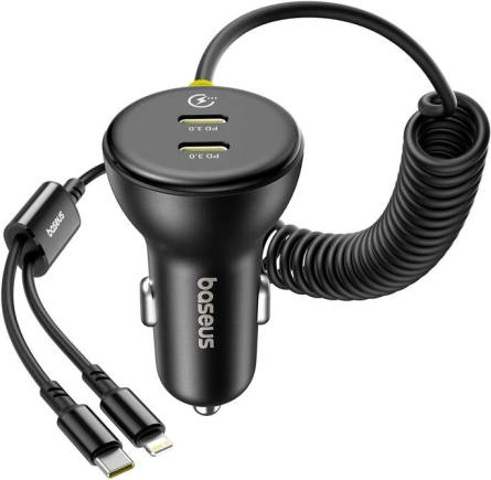 BASEUS 60 W Car Charger with Lightning and USB‑C Cable (Black)