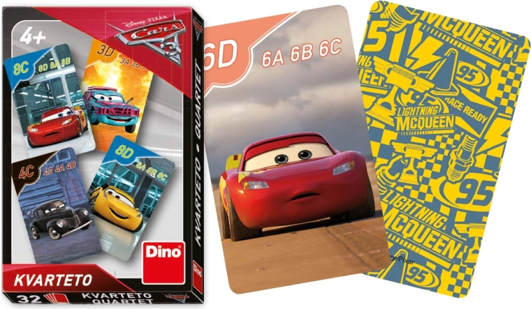 Dino playing quartet cards with Cars 3 theme