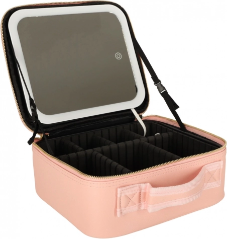Travel cosmetic case with LED mirror and 10× magnification, pink