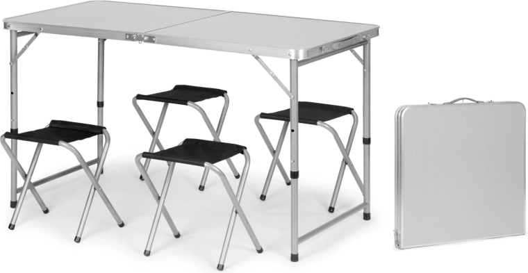Tavolo da campeggio pieghevole a valigetta con altezza regolabile e 4 sgabelli 120 × 60 cm, argento