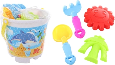 Sand play set with bucket, shovel, rake and sand molds