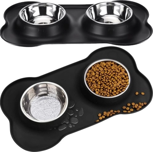 Double bowl for dogs and cats 2 × 450 ml with non-slip silicone mat