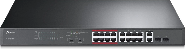 Switch 16 porte PoE+ TL-SL1218MP con porte gigabit RJ45 e slot SFP