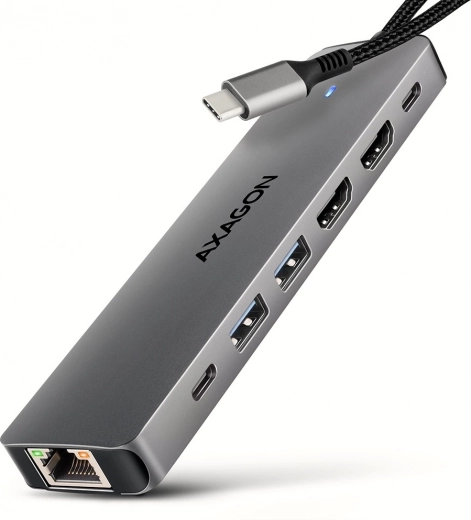 AXAGON HMC-7HX2 hub USB‑C multiporta 7in1 con 2× HDMI 4K/60 Hz, 2× USB‑A, USB‑C, GLAN e PD 100 W