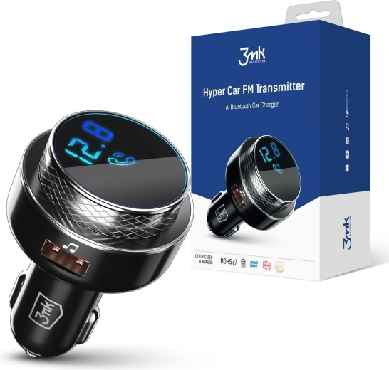 car adapter and FM transmitter with Bluetooth, 2× USB-A, card reader and fast charging