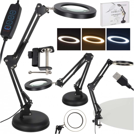 Desktop LED lamp with magnifier and adjustable arm, 2 mounting options