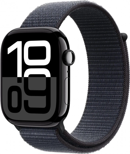Apple Watch Series 10 GPS, 46 mm-es alumínium tok onyx színben, tintaszínű sport szíjjal
