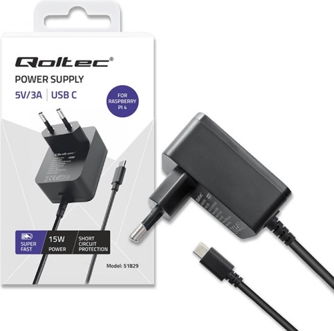 nabíjačka usb‑c 15 w pre raspberry pi 4 s power delivery – čierna